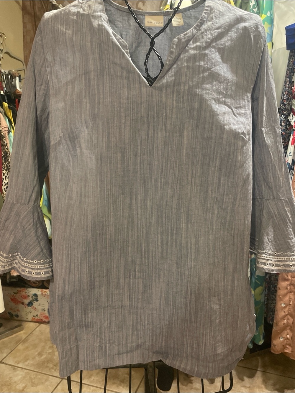 Westbound Slate Blue Striped V-Neck Tunic Blouse